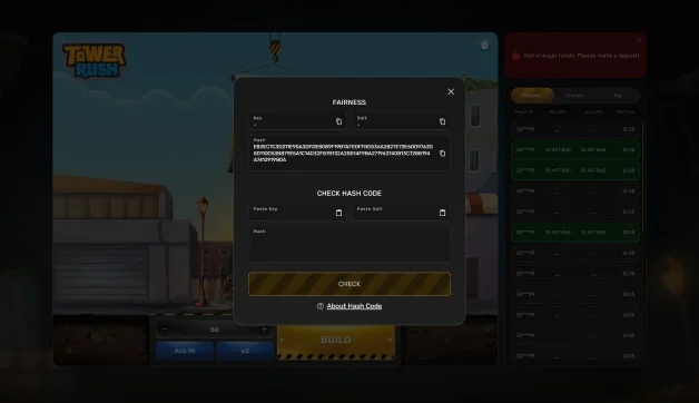 Tower Rush Provable Fairness Hash Verification Modal